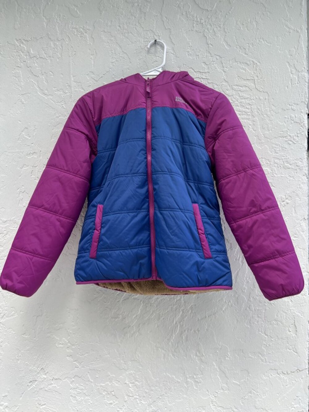 Eddie Bauer Youth Girl Reversible Plush Hooded Jacket Size 14 Pink Blue EUC 2133